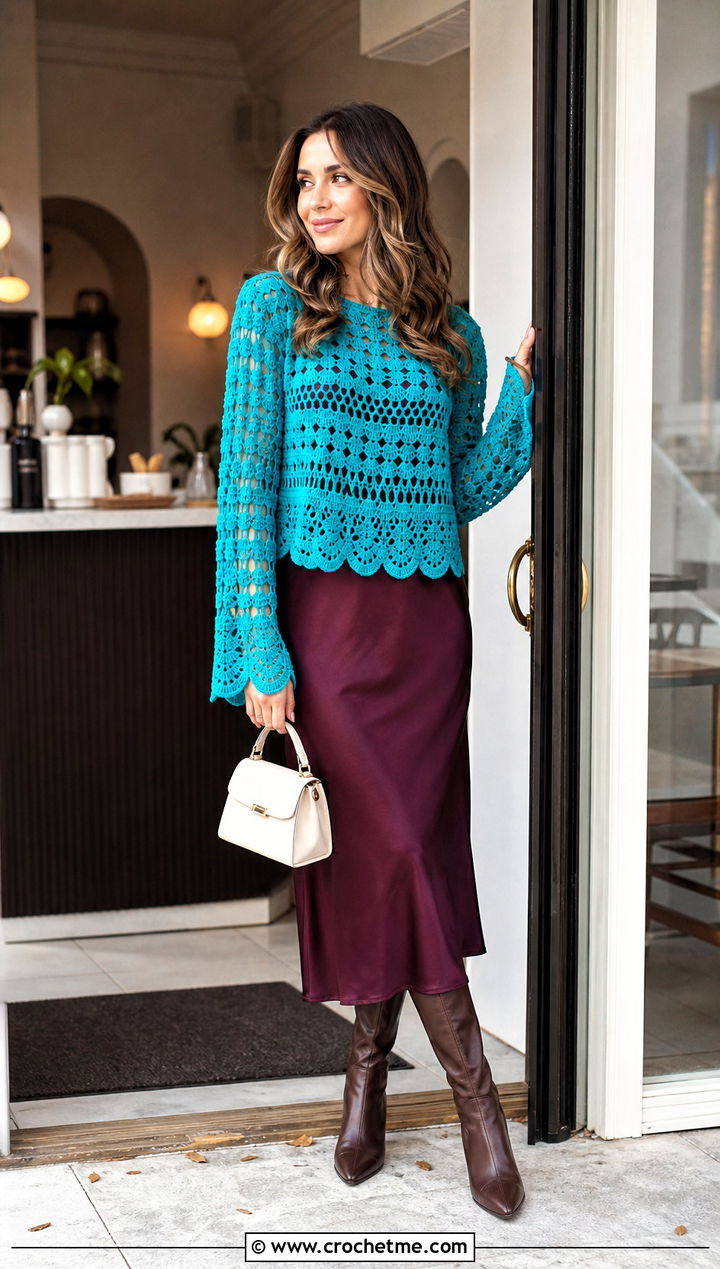 Scallop Edge Crochet Blouse Over A Slip Dress - 15 fall crochet blouse outfit ideas