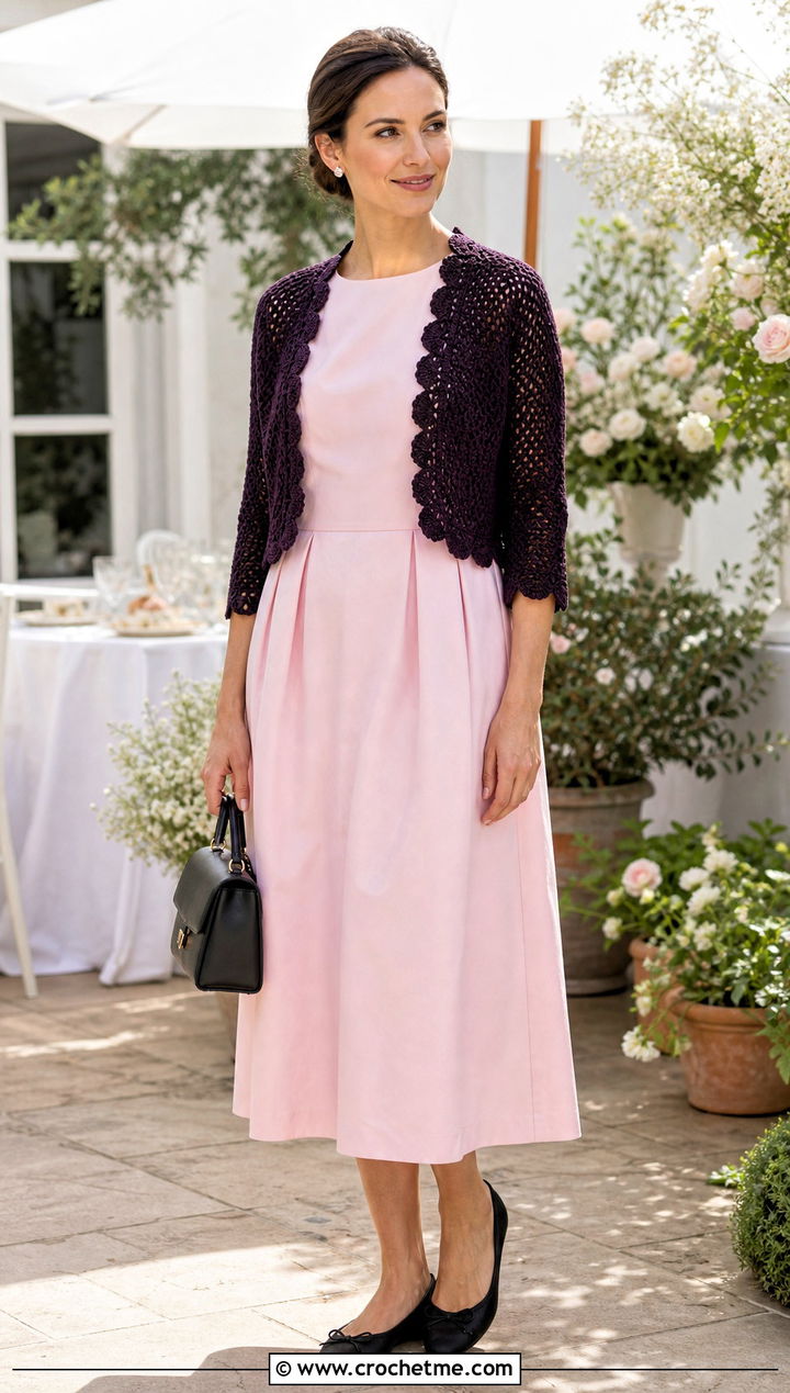 Scallop Edge Crochet Bolero With Poplin Dress - 30 Crochet Long Sleeve Half Top outfit ideas