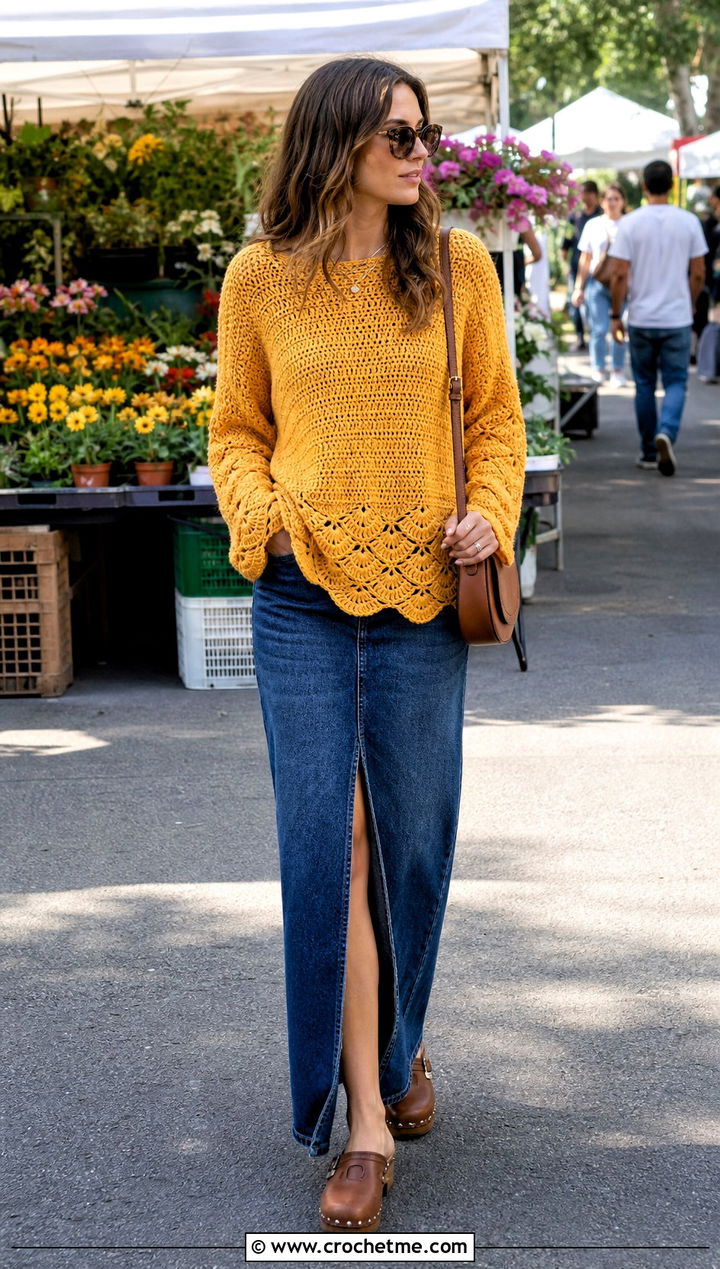 Scallop Edge Crochet Boyfriend Sweater With Denim Maxi Skirt - 30 crochet boyfriend sweater outfit ideas