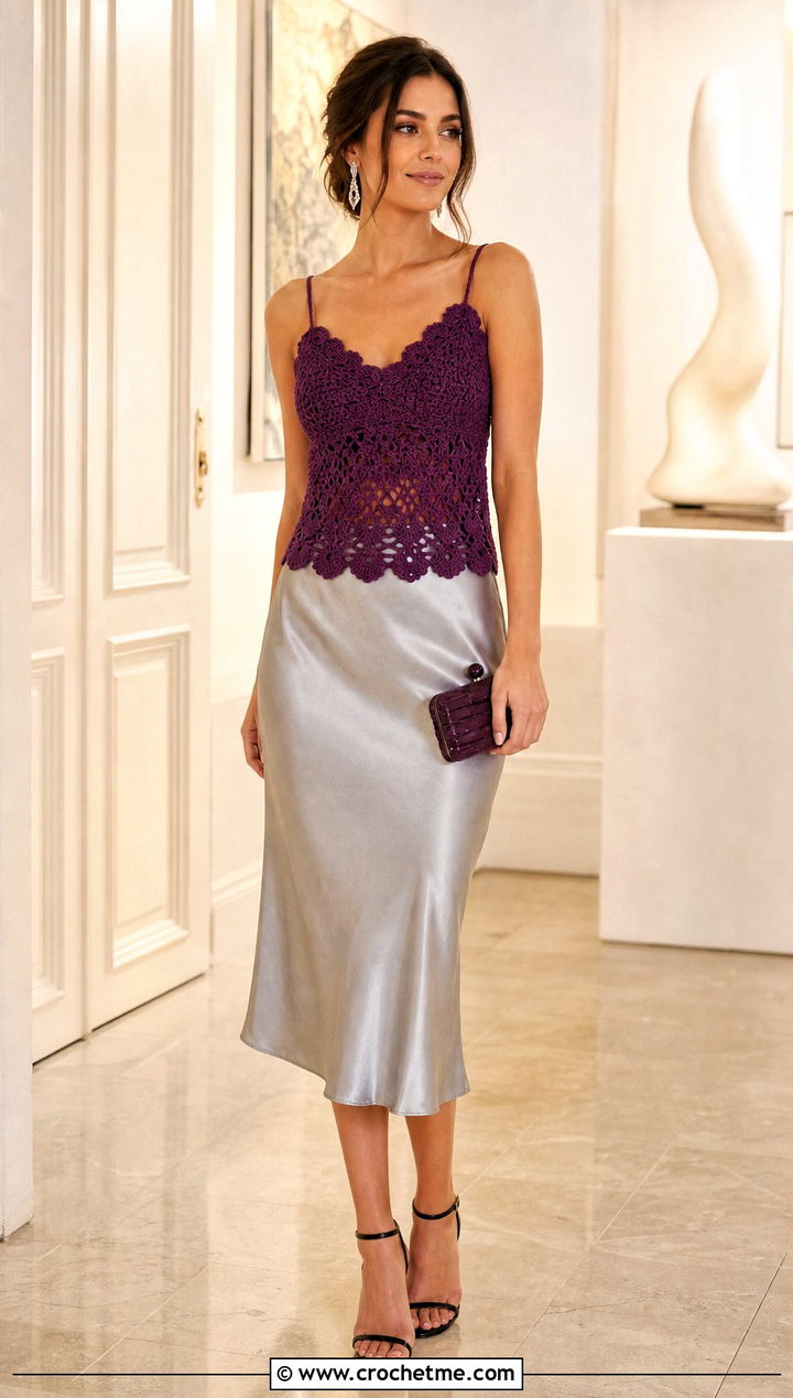 Scallop Edge Crochet Cami Top With Satin Midi Skirt - 30 crochet cami top outfit ideas