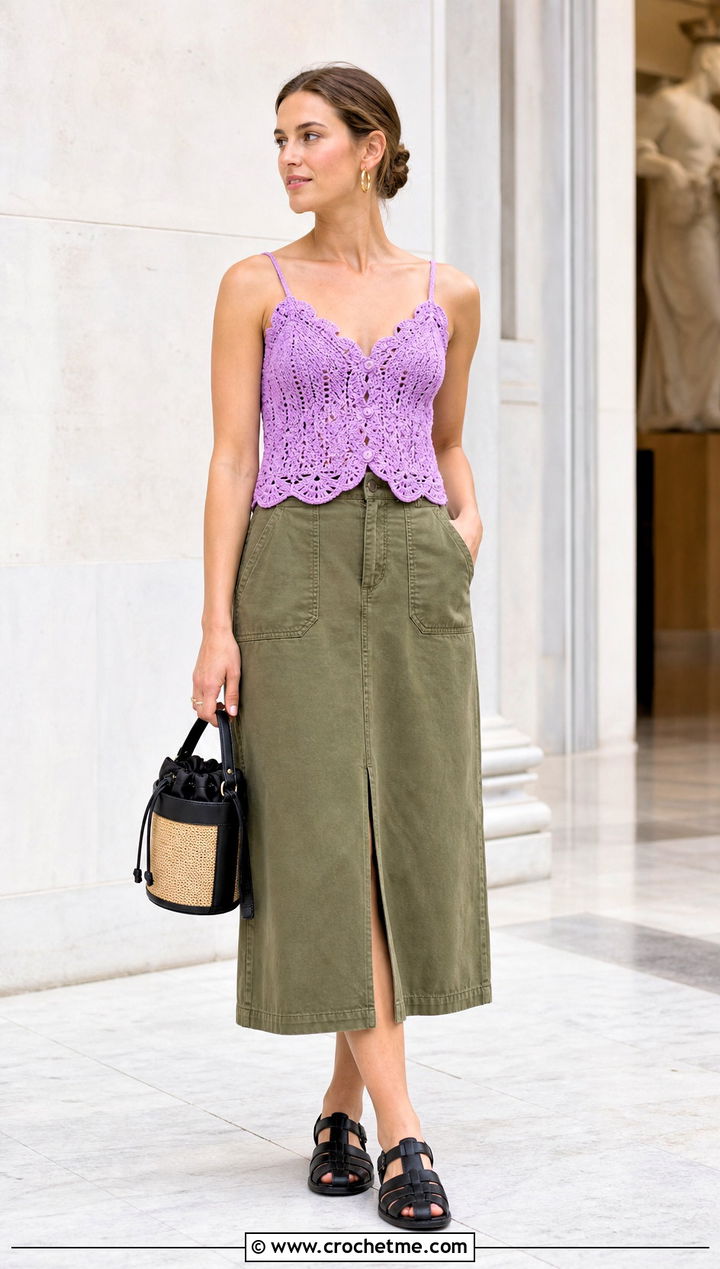 Scallop Edge Crochet Cami With Utility Skirt - 30 crochet summer top for women outfit ideas