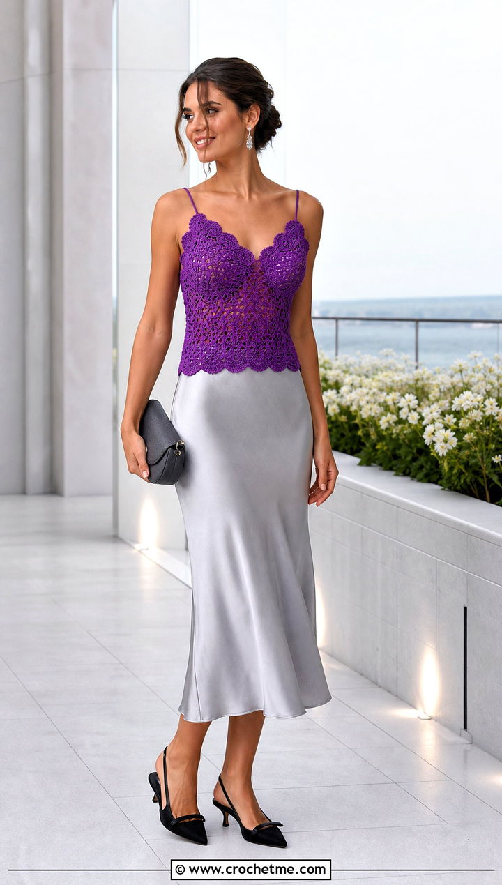 Scallop Edge Crochet Camisole With Satin Midi Skirt - 20 crochet tank tops aesthetic outfit ideas