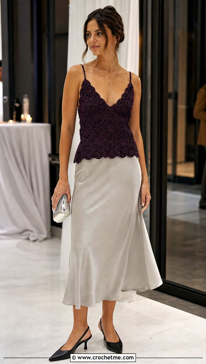Scallop Edge Crochet Camisole With Satin Skirt - 25 Daisy Jones Crochet Top outfit ideas