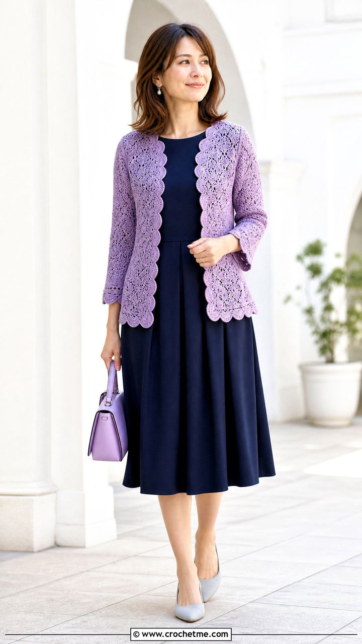 Scallop Edge Crochet Cardigan With A Line Dress - 35 crochet cardigans outfit ideas