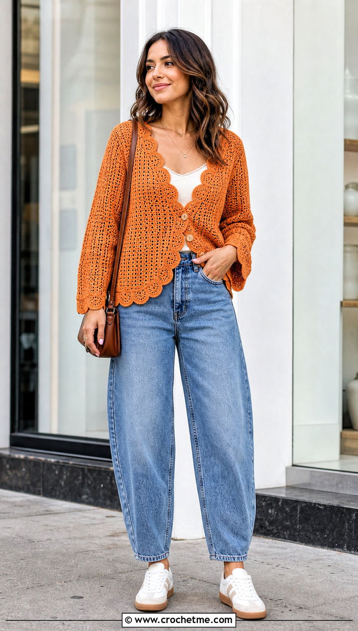 Scallop Edge Crochet Cardigan With Barrel Jeans - 15 Mid Summer Crochet Cardigan outfit ideas