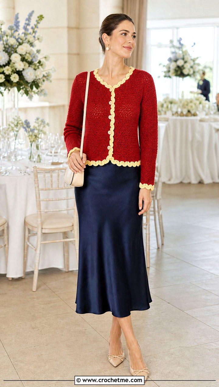 Scallop Edge Crochet Cardigan With Bias Cut Skirt - 30 two color crochet cardigan outfit ideas