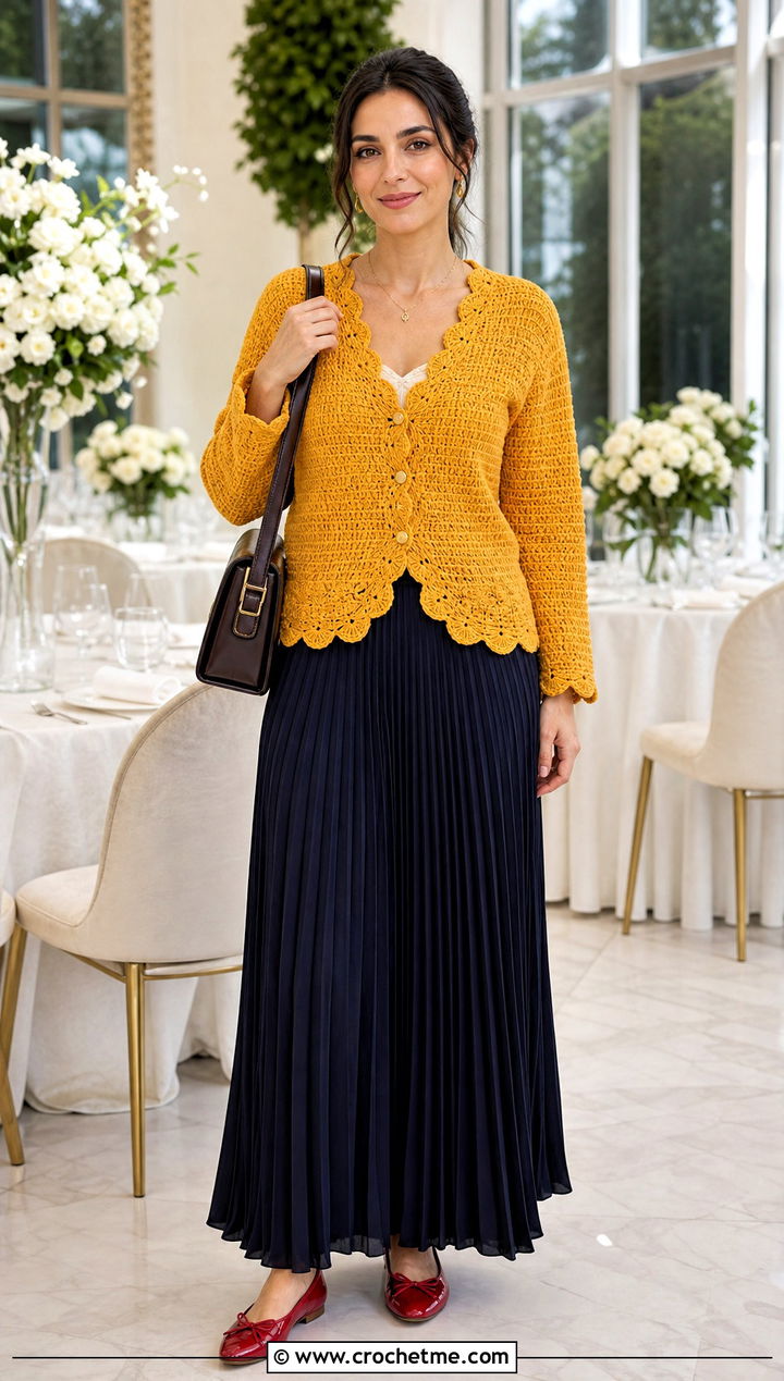 Scallop Edge Crochet Chenille Cardigan With Pleated Maxi Skirt - 30 crochet chenille cardigan outfit ideas