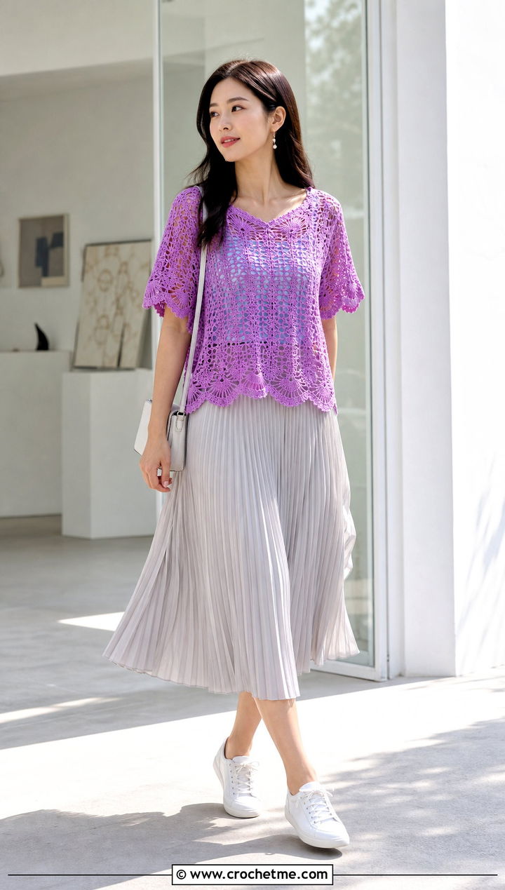 Scallop Edge Crochet Cover Up Tee With Pleated Midi Skirt - 30 crochet beach cover up top outfit ideas