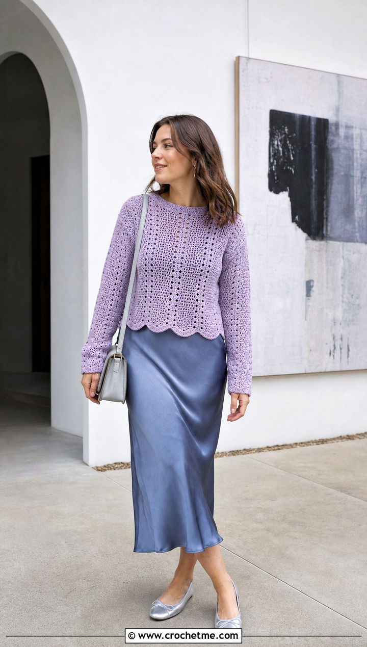 Scallop Edge Crochet Crewneck Sweater With Slip Dress - 30 crochet crewneck sweater outfit ideas
