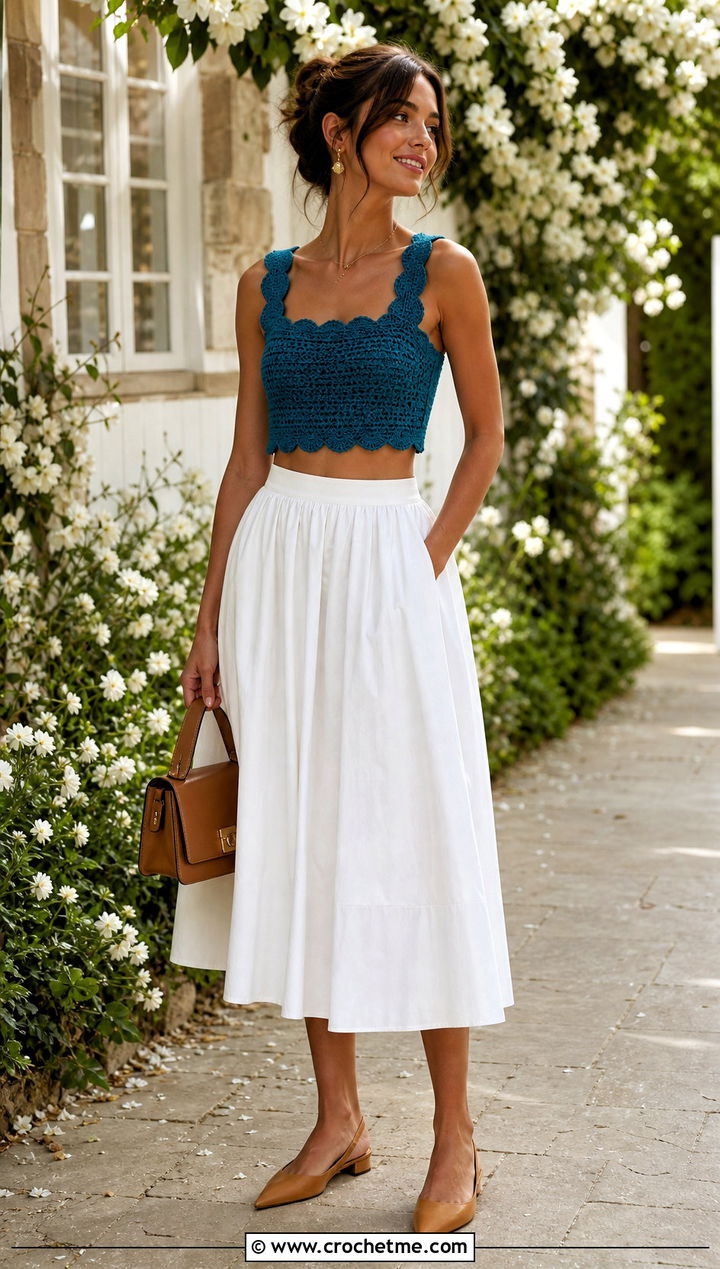 Scallop Edge Crochet Crop Top With Midi Skirt - 35 easy crochet summer crop tops outfit ideas