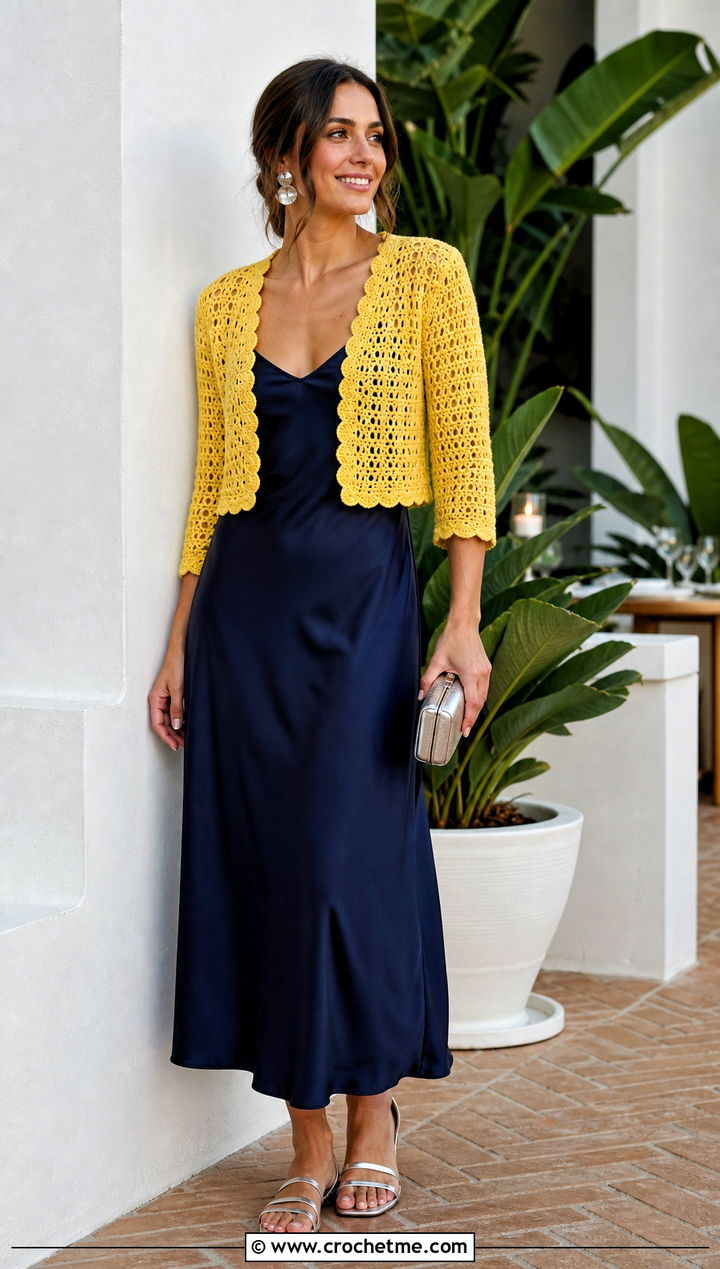 Scallop Edge Crochet Cropped Cardigan With Slip Dress - 20 Easy Crochet Cropped Cardigan outfit ideas