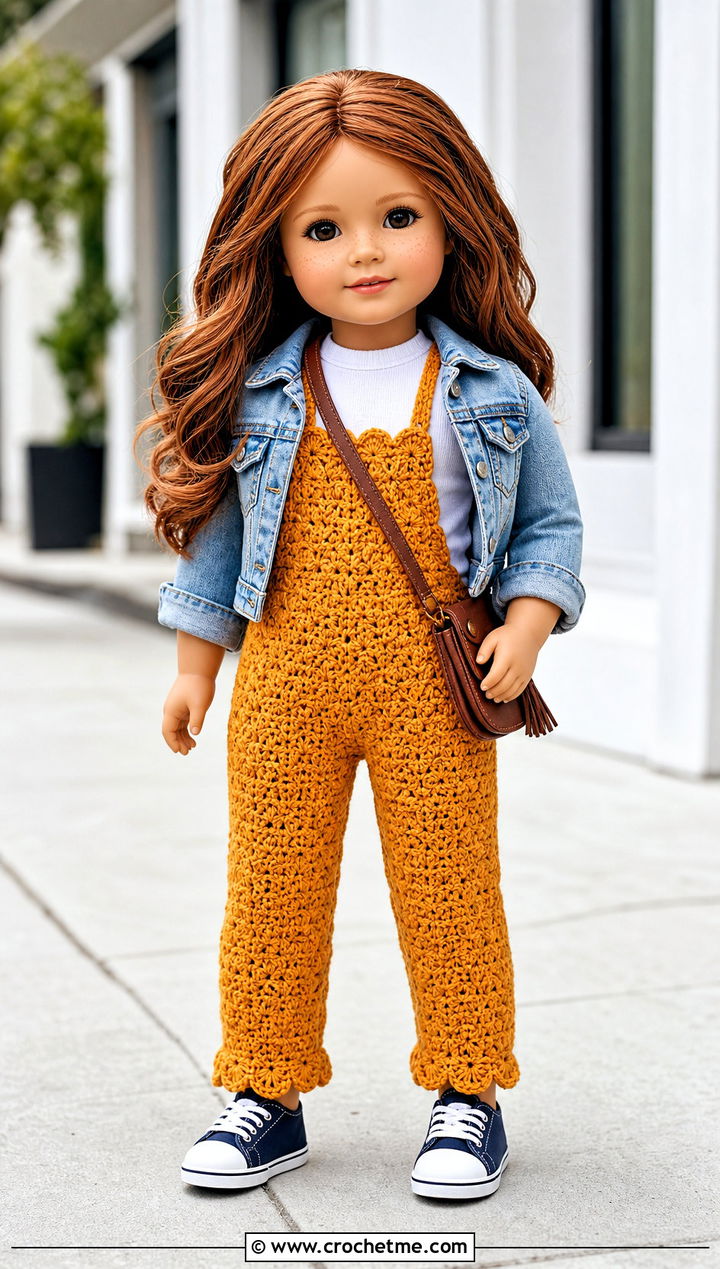 Scallop Edge Crochet Doll Overalls With Denim Jacket - 30 crochet doll overalls outfit ideas