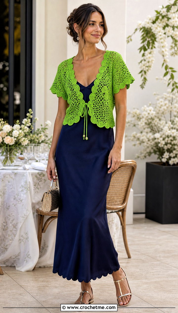 Scallop Edge Crochet Front Tie Top Over Slip Dress - 30 crochet front tie top outfit ideas