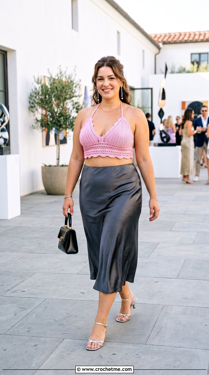 Scallop Edge Crochet Halter Bralette With Satin Midi Skirt - 15 Crochet Halter Bralette outfit ideas