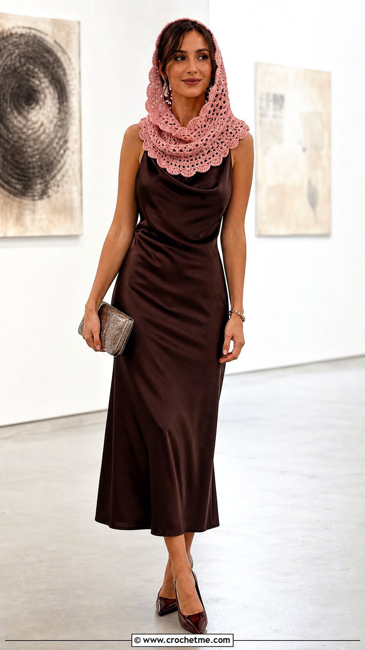 Scallop Edge Crochet Hooded Cowl With Satin Dress - 35 crochet hooded cowl outfit ideas