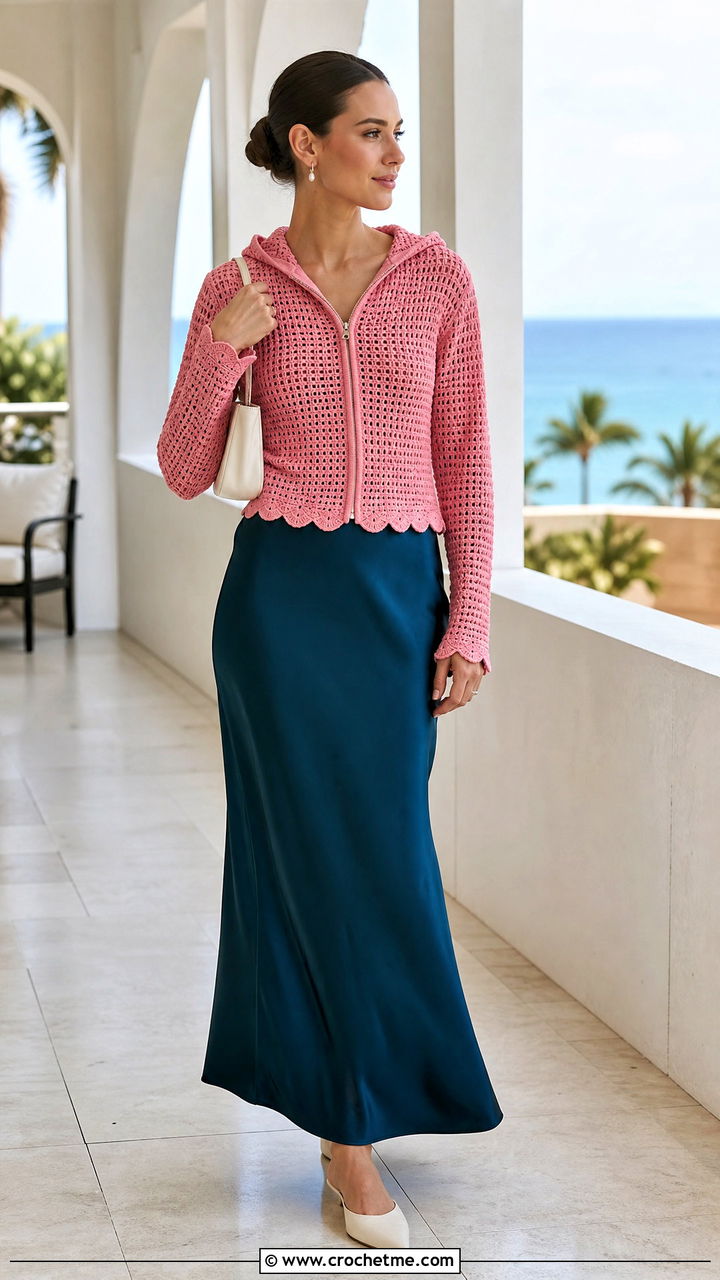 Scallop Edge Crochet Hoodie With Bias Cut Maxi Skirt - 35 crochet hoodie outfit ideas