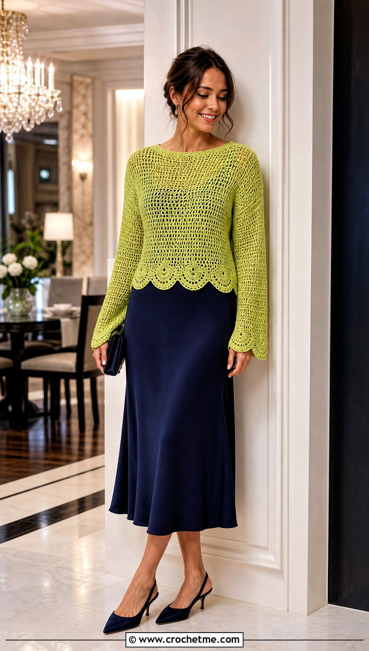 Scallop Edge Crochet Knit Sweater With Slip Dress - 35 Crochet Knit Sweater outfit ideas