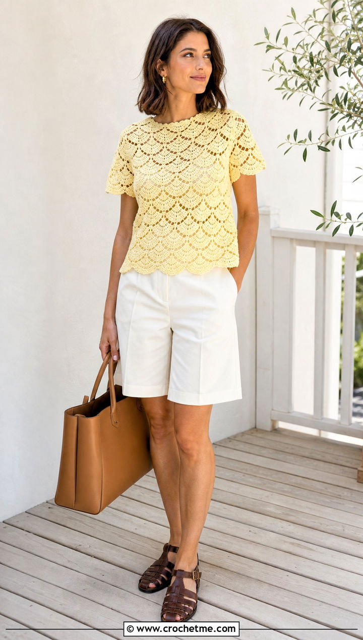Scallop Edge Crochet Lace Top With Bermuda Shorts - 15 crochet lace top on wooden background outfit ideas