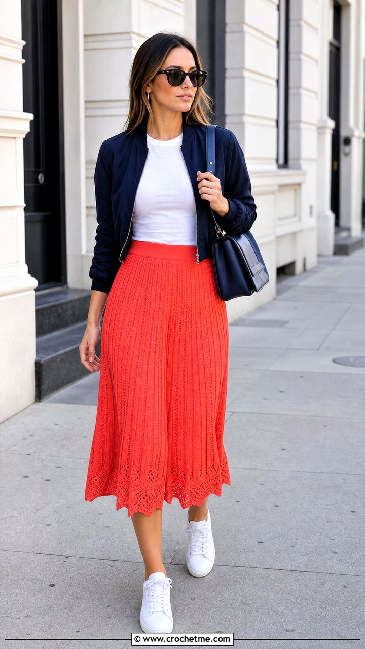 Scallop Edge Crochet Pleated Midi Skirt With Bomber Jacket - 35 crochet pleated skirt outfit ideas