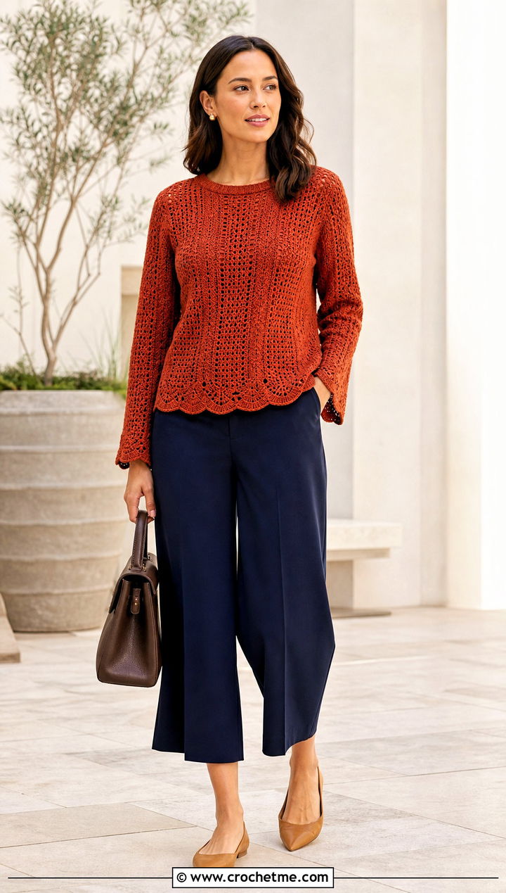 Scallop Edge Crochet Pullover With Culottes - 30 Easy Crochet Pullover outfit ideas