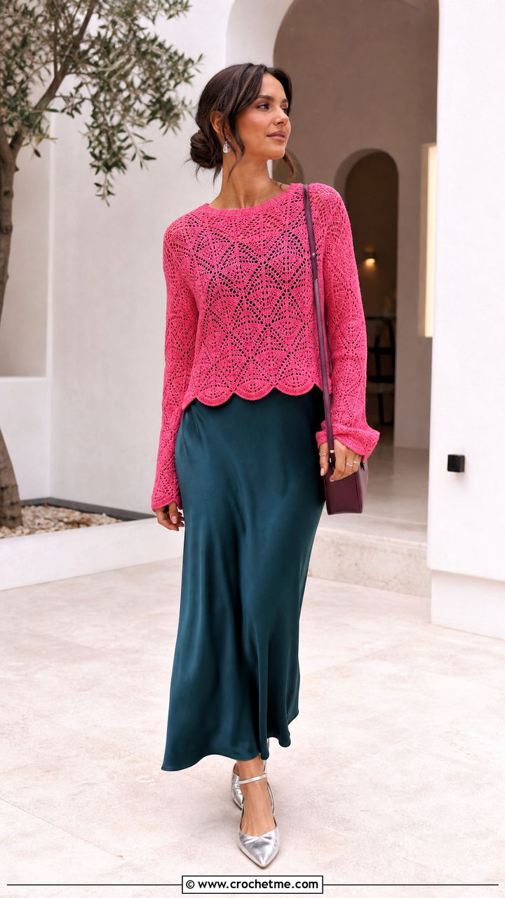 Scallop Edge Crochet Pullover With Slip Dress - 35 crochet pullover outfit ideas