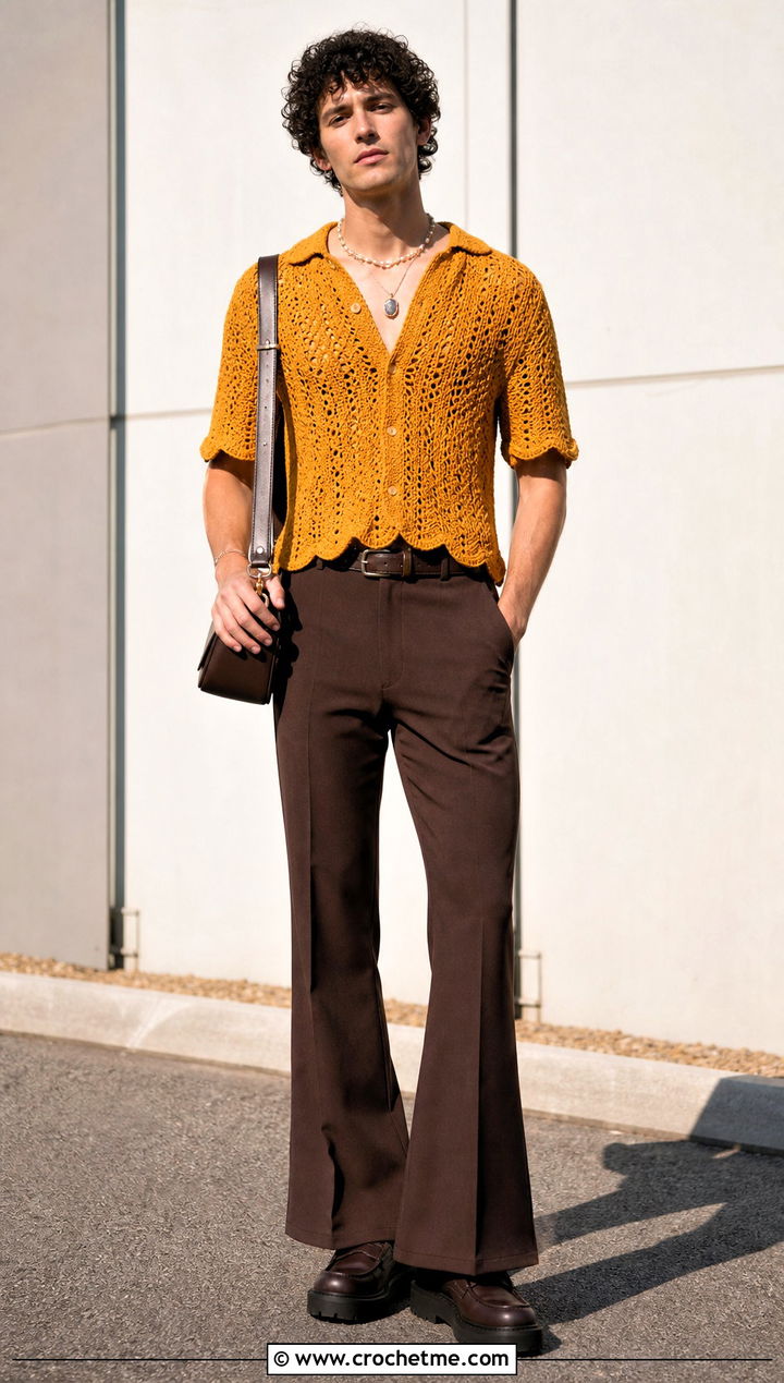 Scallop Edge Crochet Shirt With Flared Trousers - 35 crochet man shirt outfit ideas