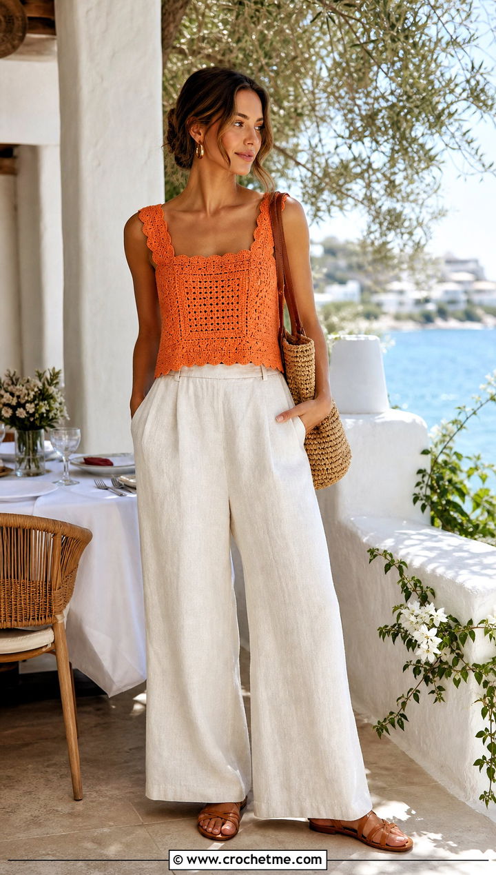 Scallop Edge Crochet Square Neck Top With Linen Pants - 35 crochet square neck top outfit ideas