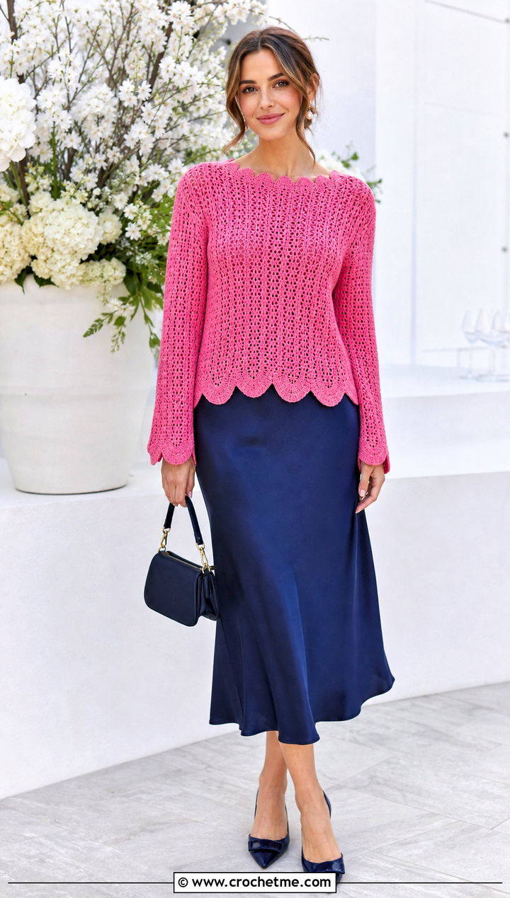 Scallop Edge Crochet Sweater With Bias Midi Skirt - 30 cool crochet sweater outfit ideas