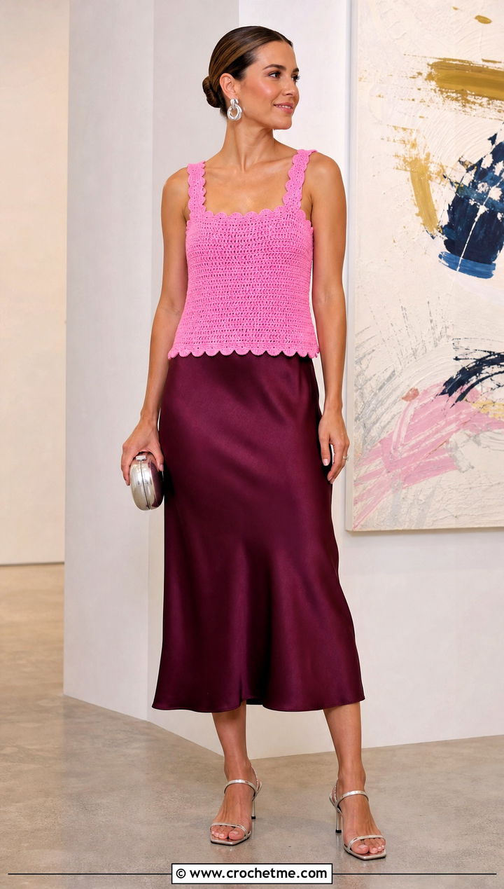 Scallop Edge Crochet Tank Top With Satin Midi Skirt - 15 crochet tank top on hanger outfit ideas