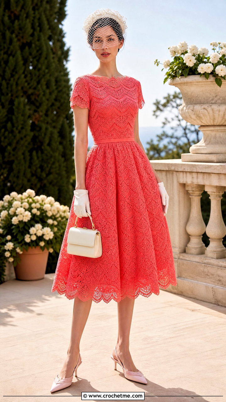 Scallop Edge Crochet Tea Length Dress With Slingbacks - 35 crochet wedding dress outfit ideas