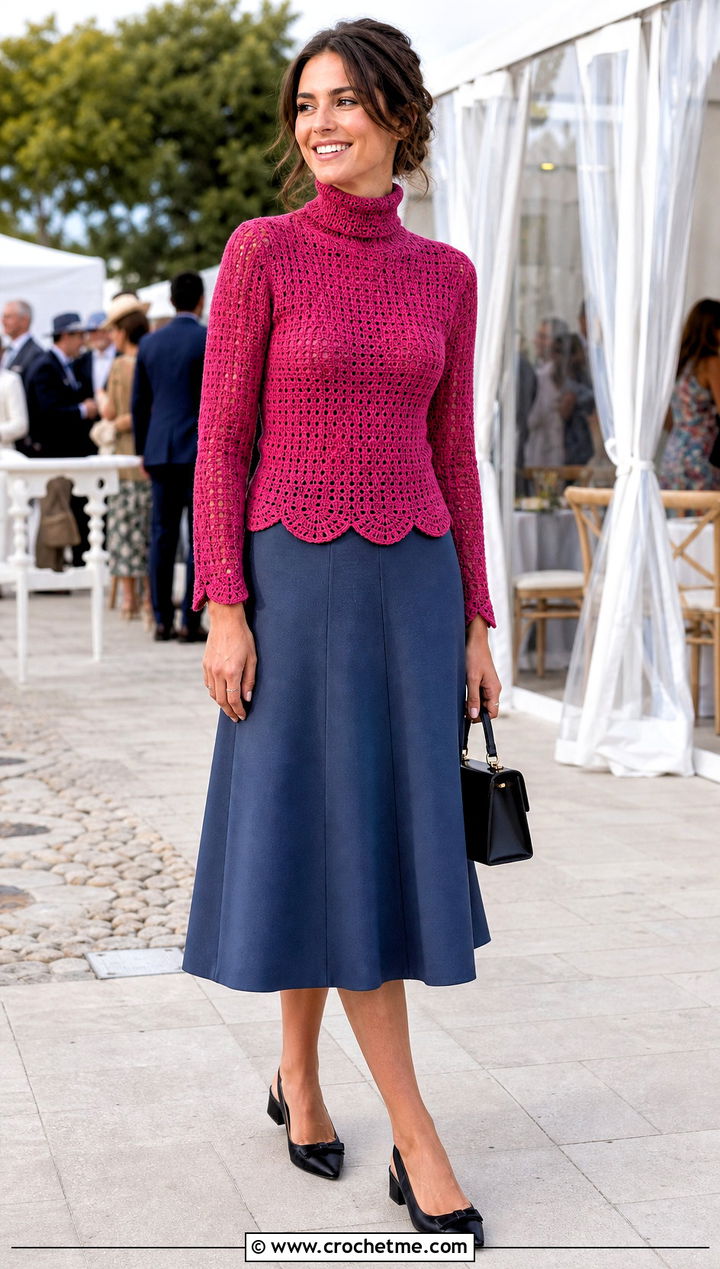 Scallop Edge Crochet Turtleneck Top With A Line Skirt - 30 crochet turtleneck top outfit ideas