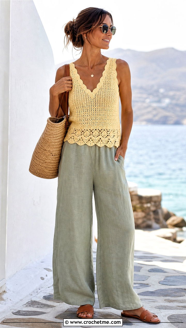 Scallop Edge Crochet V Neck Tank Top With Linen Pants - 25 crochet v neck tank top outfit ideas