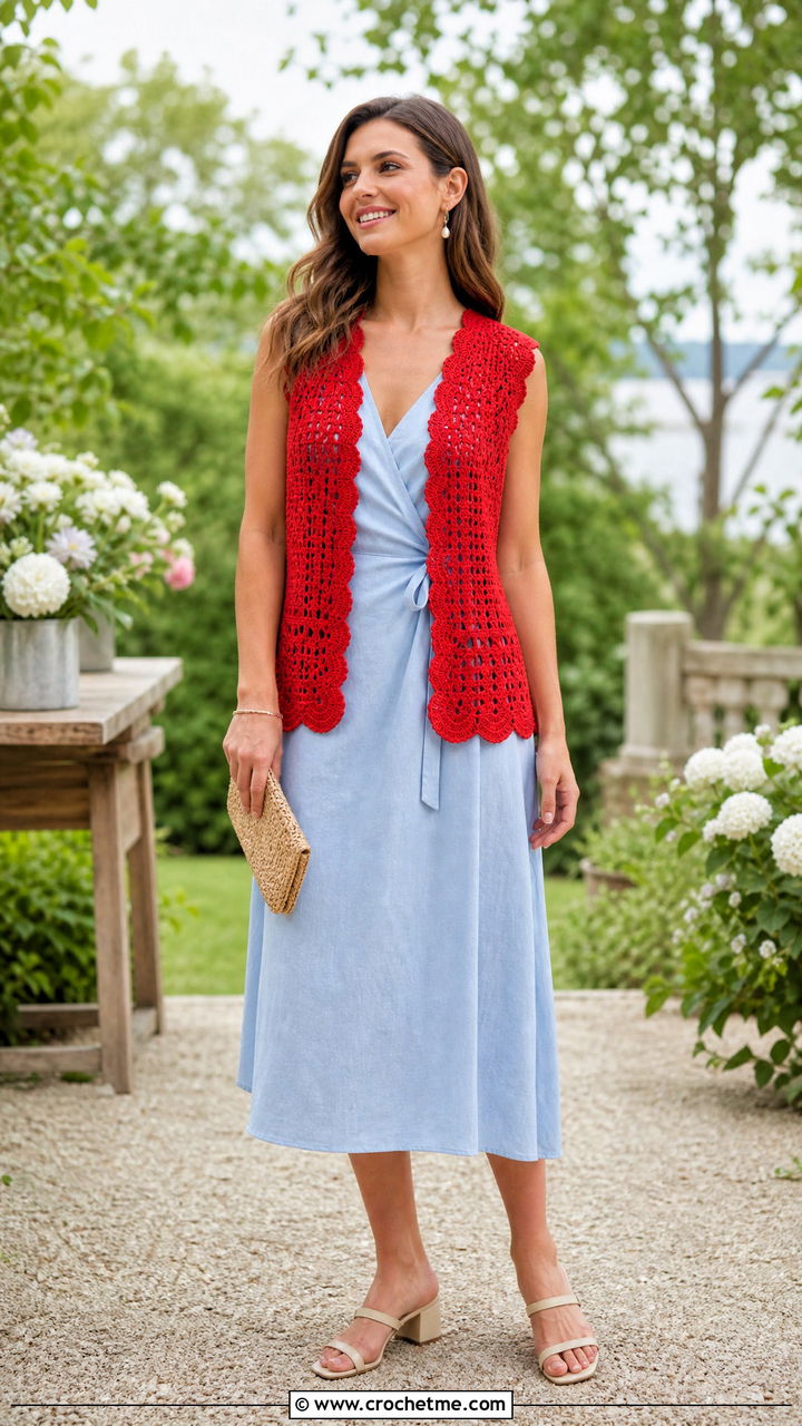 Scallop Edge Crochet Vest With a Wrap Dress - 35 boho crochet vest outfit ideas