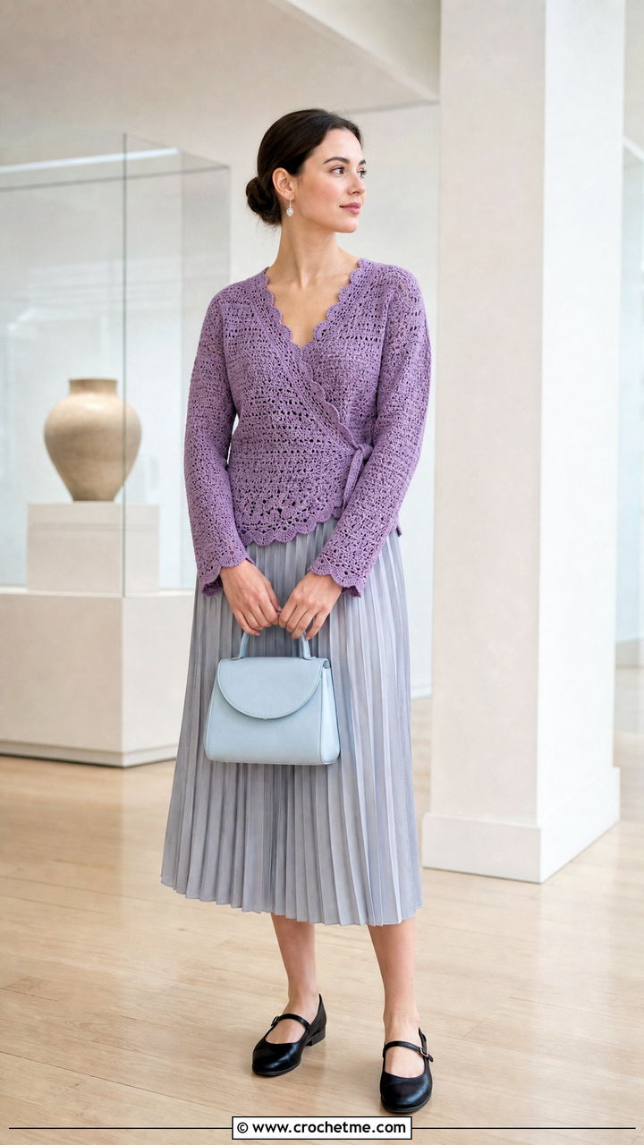 Scallop Edge Crochet Wrap Top With Pleated Midi Skirt - 35 crochet wrap top outfit ideas