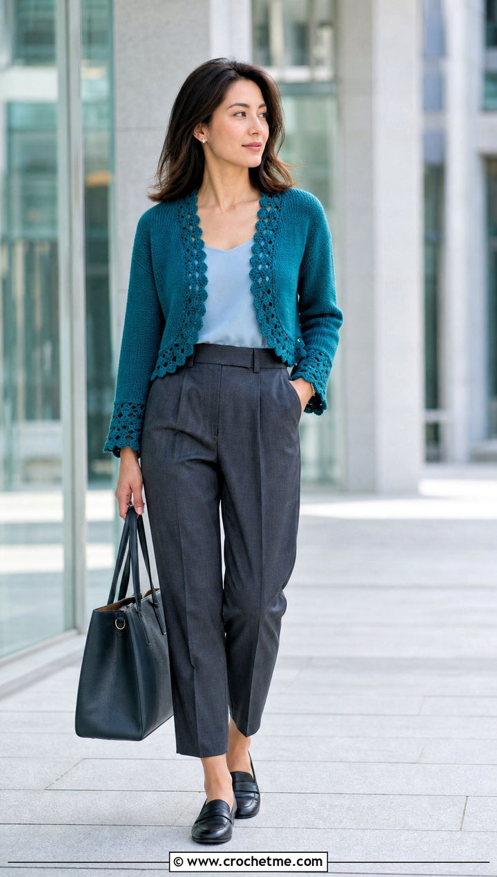 Scallop Edge Cropped Cardigan With Tailored Trousers - 25 crocheted cropped cardigan outfit ideas