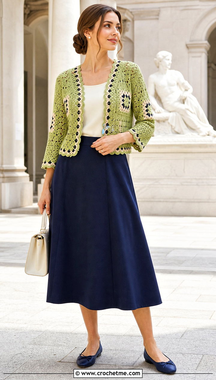 Scallop Edge Cropped Granny Square Cardigan With A Line Midi Skirt - 20 Cropped Granny Square Cardigan outfit ideas