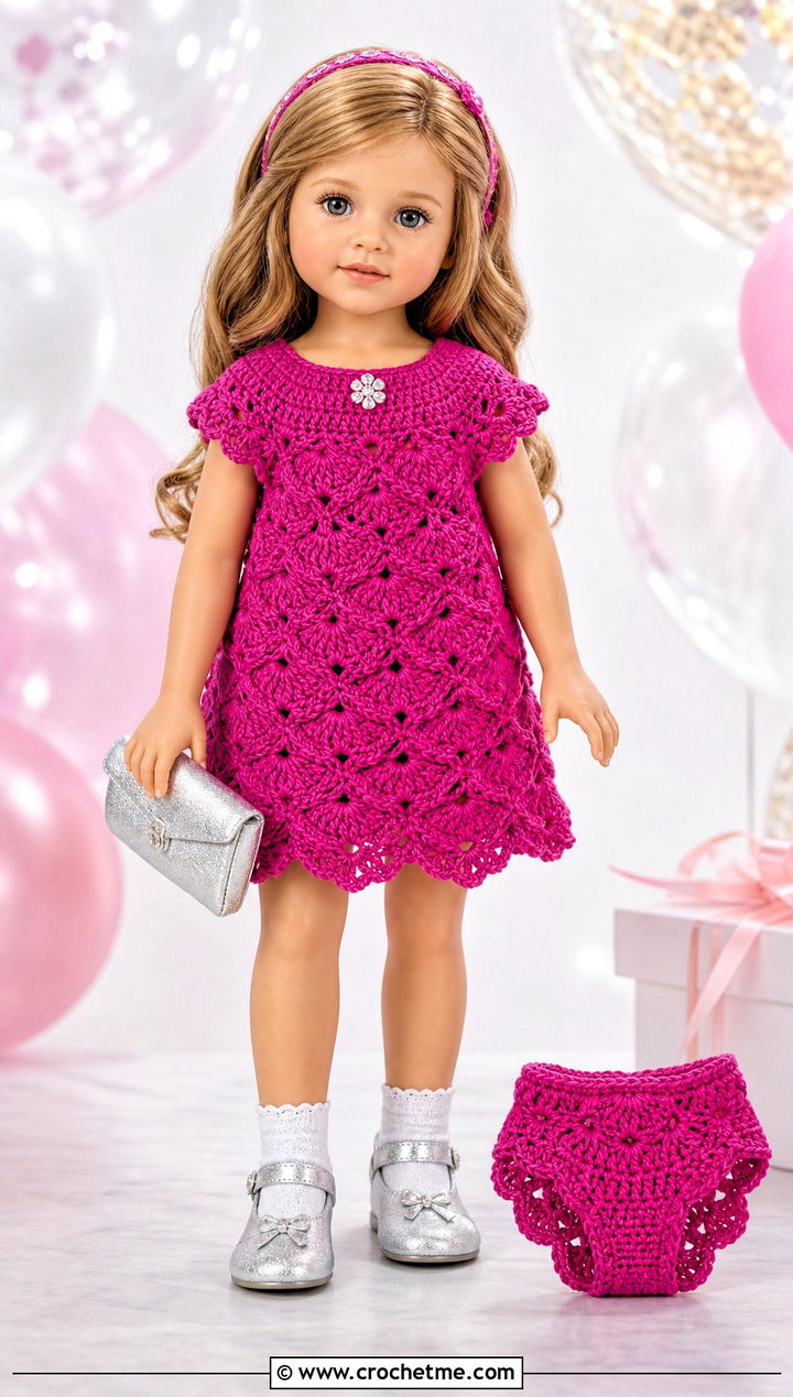 Scallop Edge Doll Dress And Panties With Party Shoes - 15 crochet doll dress & panties outfit ideas