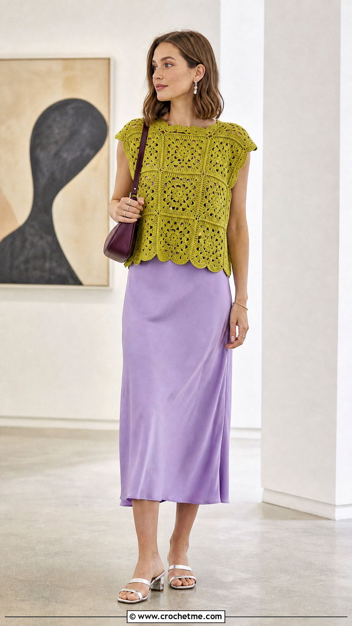Scallop Edge Granny Square Top Over A Slip Dress - 35 granny square summer top outfit ideas