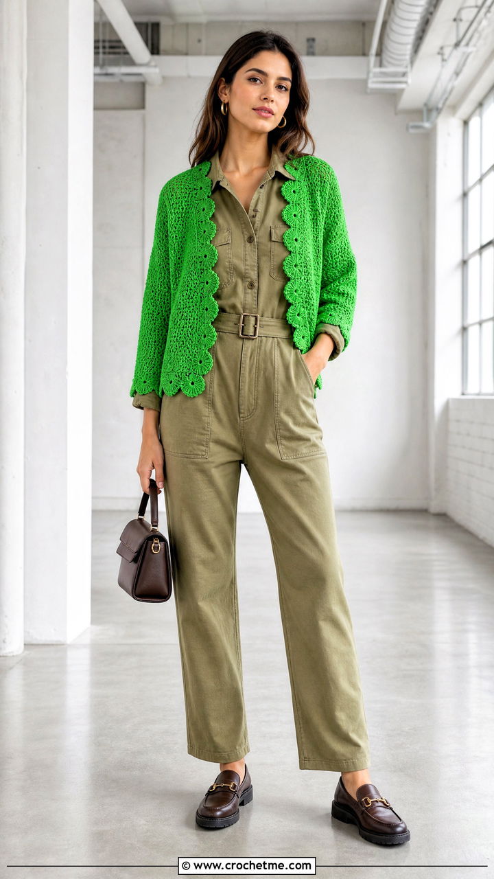 Scallop Edge Hexi Cardi With Utility Jumpsuit - 35 crochet hexi cardi outfit ideas