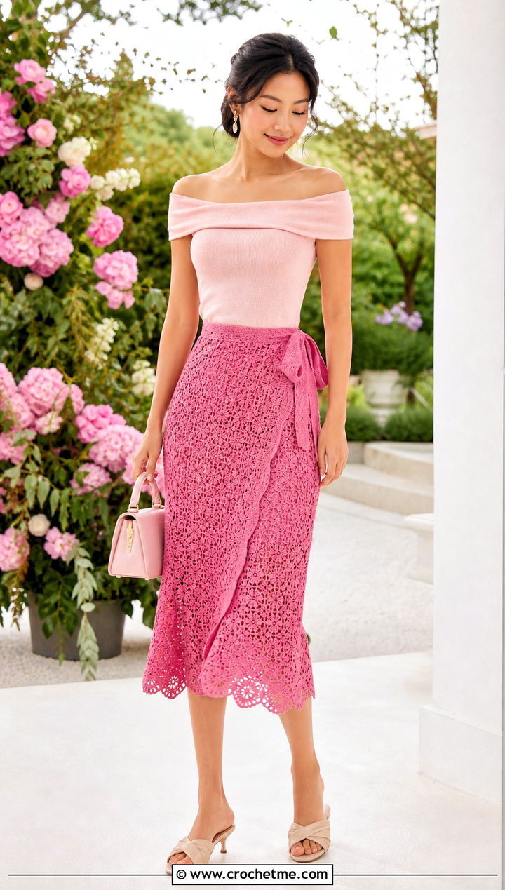 Scallop Edge Midi Crochet Wrap Around Skirt With Off Shoulder Knit - 30 crochet wrap around skirt outfit ideas