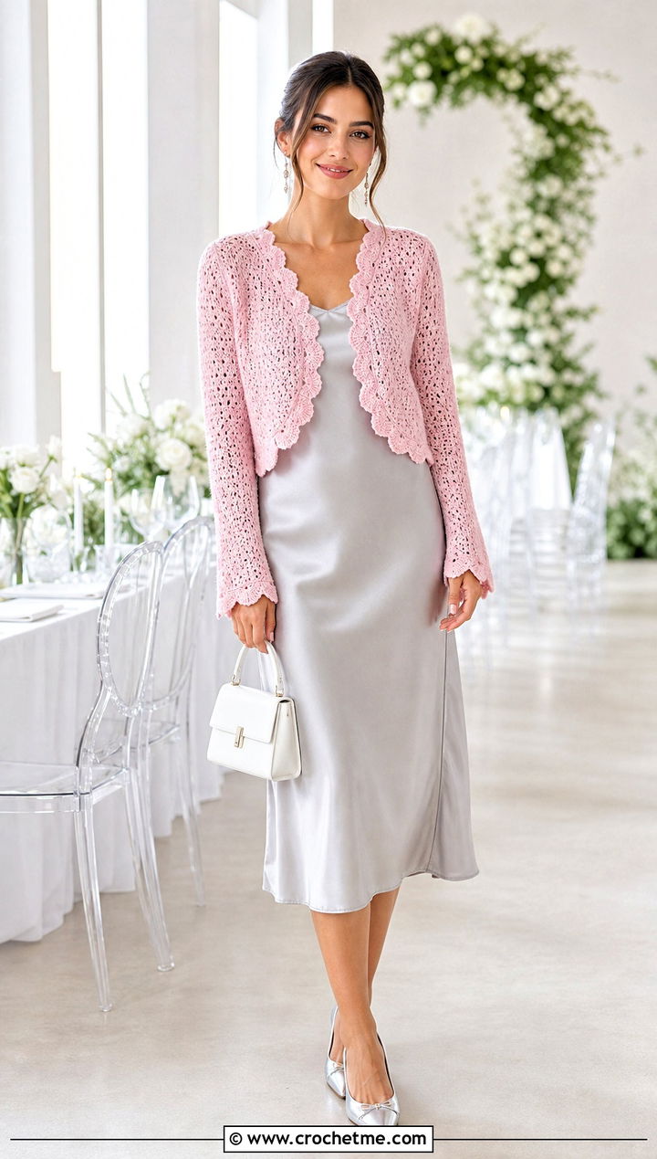 Scallop Edge Mini Crochet Cardigan With Slip Dress - 35 mini crochet cardigan outfit ideas