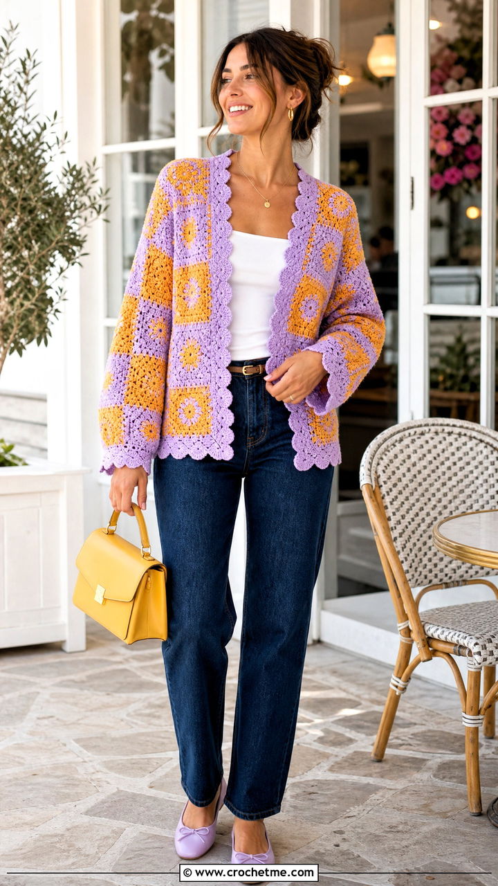 Scallop Edge Patchwork Cardigan With Dark Wash Jeans - 35 crochet patchwork cardigan outfit ideas