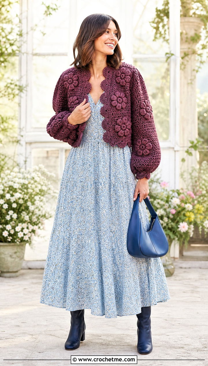 Scallop Edge Puff Flower Crochet Cardigan With Floral Maxi Dress - 25 puff flower crochet cardigan outfit ideas