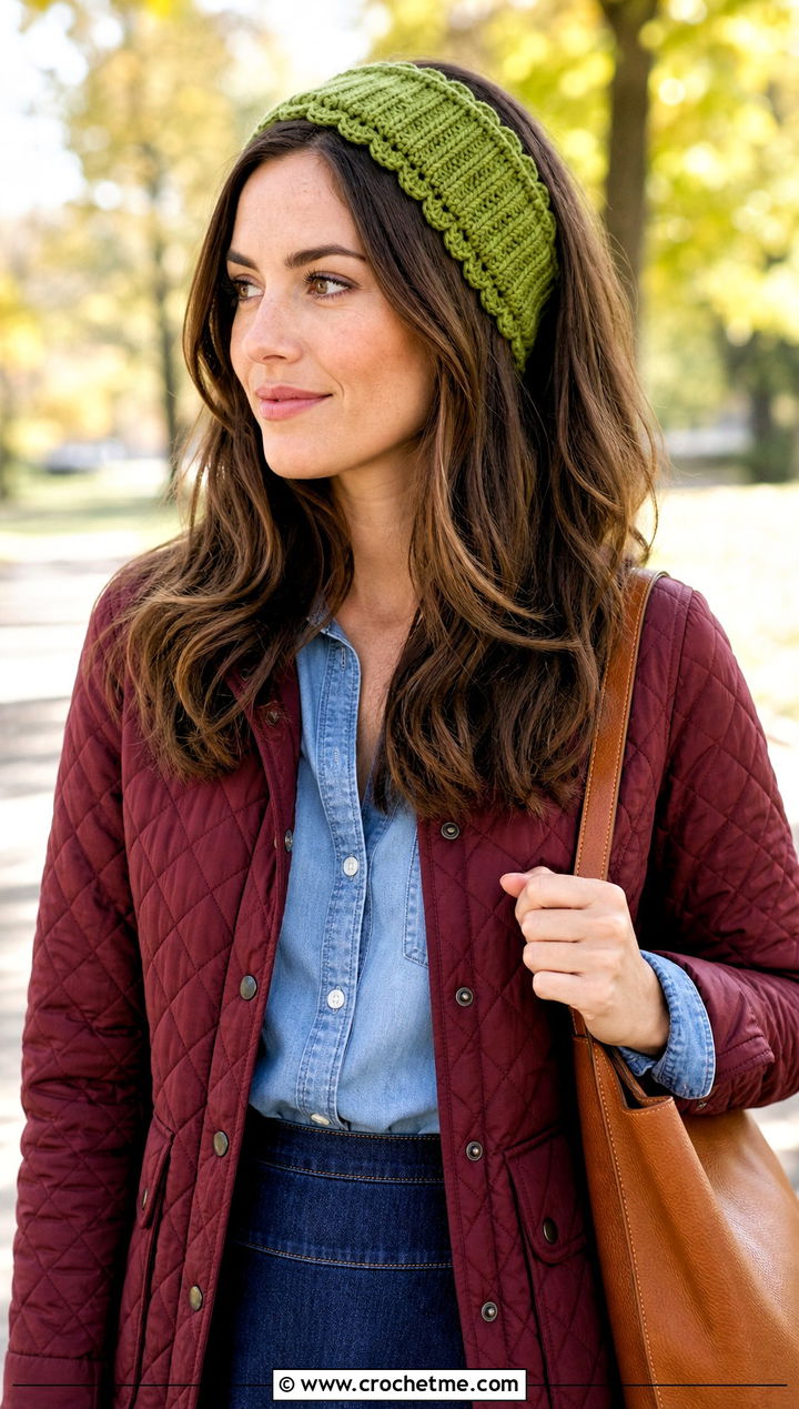 Scallop Edge Ribbed Crochet Headband With Quilted Jacket - 15 Cozy Ribbed Crochet Headband outfit ideas