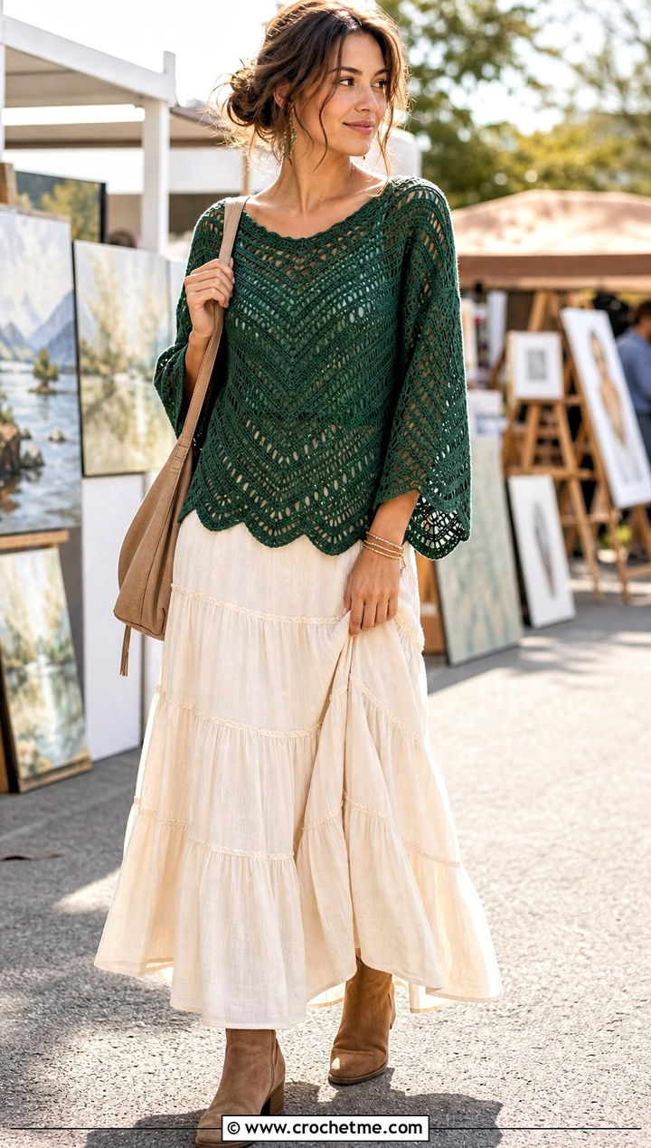 Scallop Hem Chevron Crochet Sweater With Tiered Maxi Skirt - 20 Chevron Crochet Sweater outfit ideas