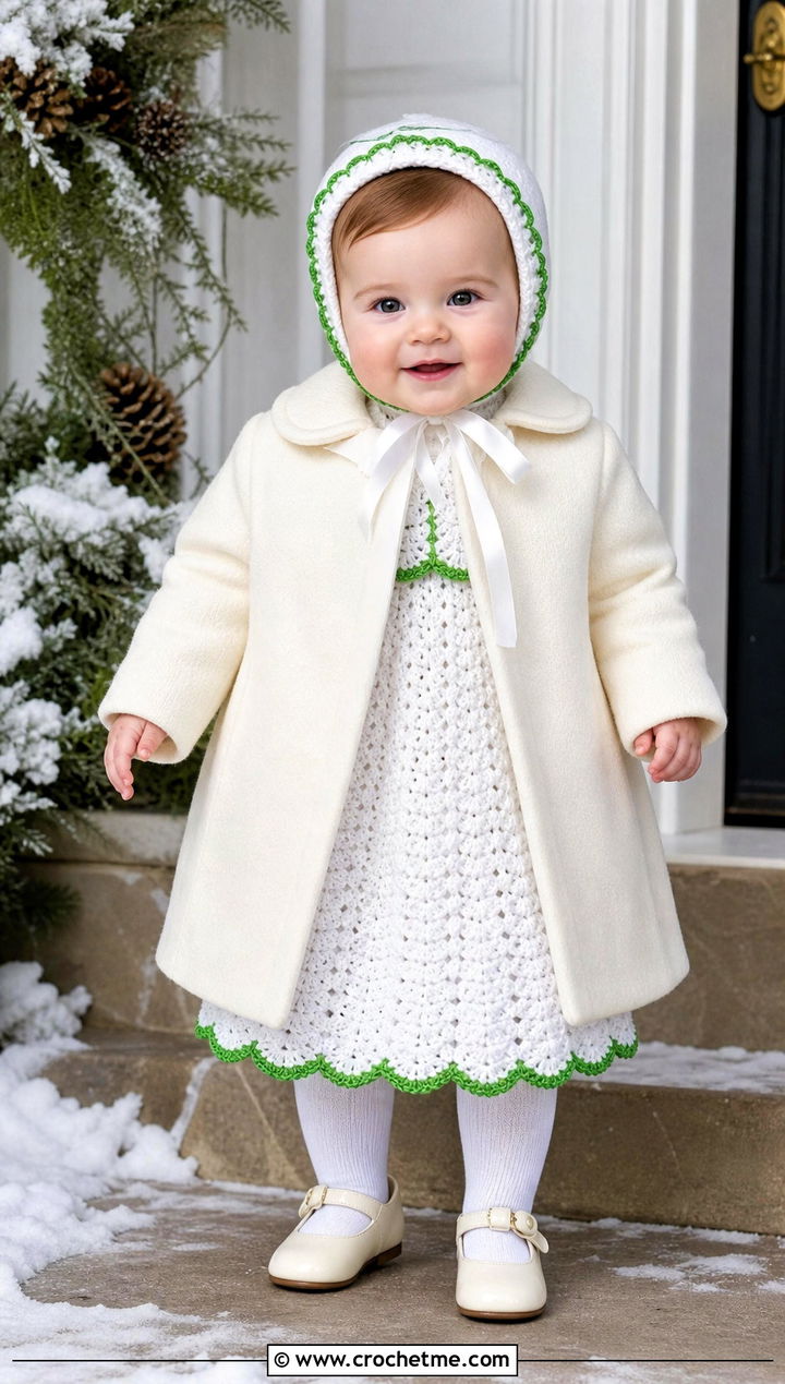 Scallop Hem Crochet Baptism Gown With Coat - 15 Crochet Baptism Gown outfit ideas