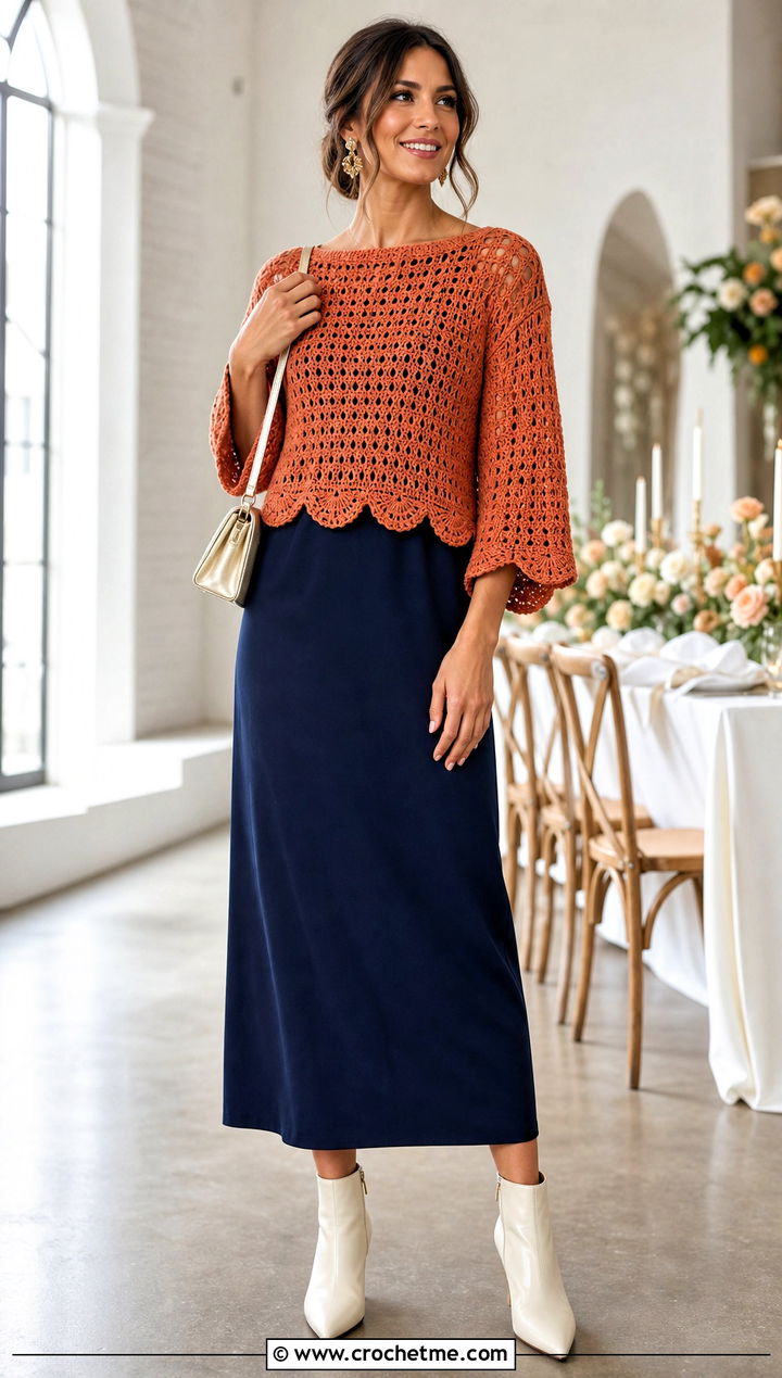 Scallop Hem Crochet Boxy Sweater Over A Column Dress - 25 Crochet Boxy Sweater outfit ideas