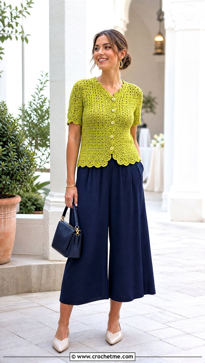 Scallop Hem Crochet Button Top With Culottes - 30 crochet button top outfit ideas