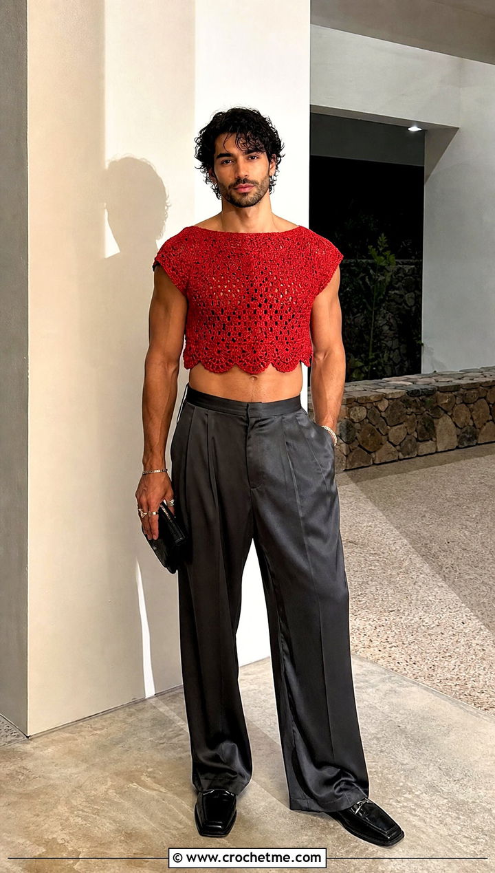 Scallop Hem Crochet Crop Top With Satin Trousers - 25 Men Crochet Crop Top outfit ideas