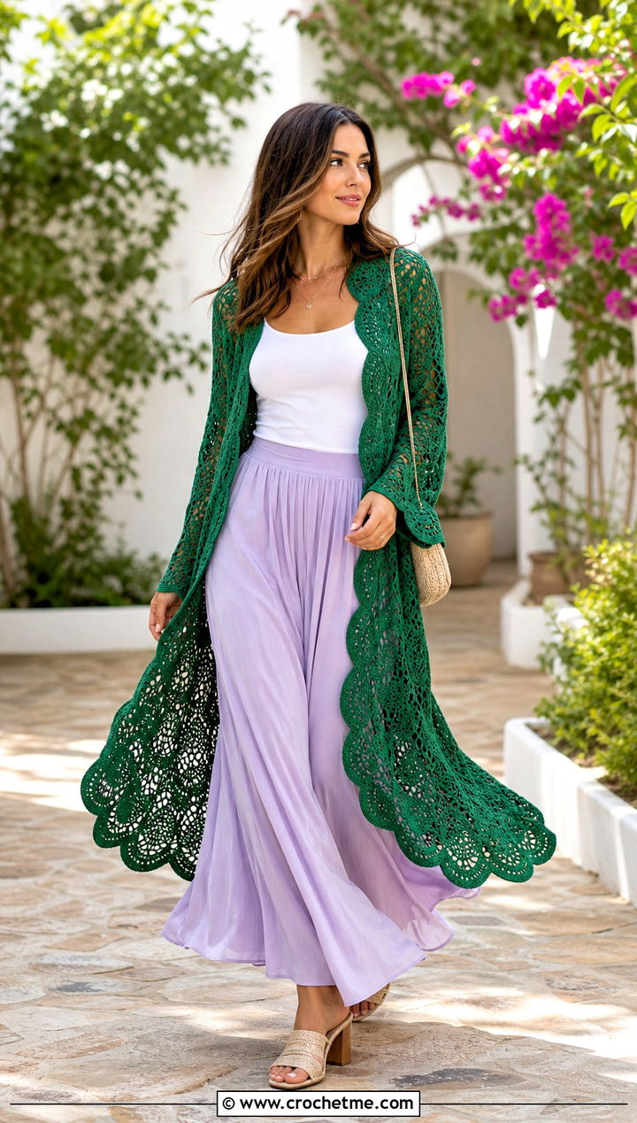 Scallop Hem Crochet Duster With Maxi Skirt - 25 crochet duster outfit ideas